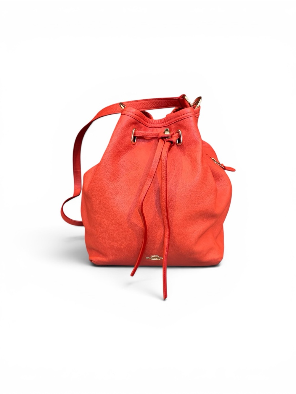 Coach Twist Lock Coral-Orange Pebbled Leather Drawstring Shoulder Bag